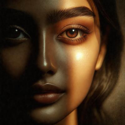 The primary subject of the image is a woman with dark hair and a dark complexion. She is looking directly at the camera, with her eyes wide open. The setting is a dark room, and the visual style appears to be a painting or drawing. The colors in the image are predominantly dark, creating a moody atmosphere.
